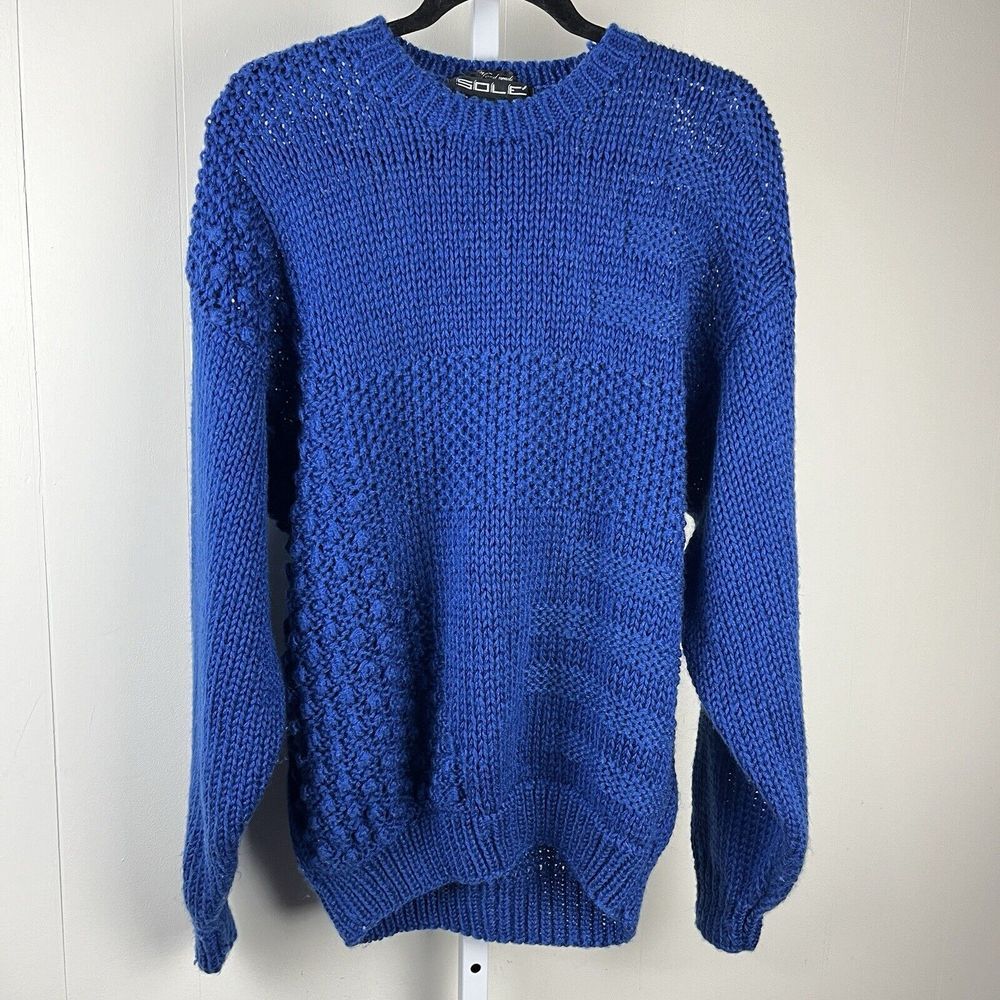 Vintage SOLÉ Oversized Sweater Womens Large Blue Hand Knit Textured Acrylic